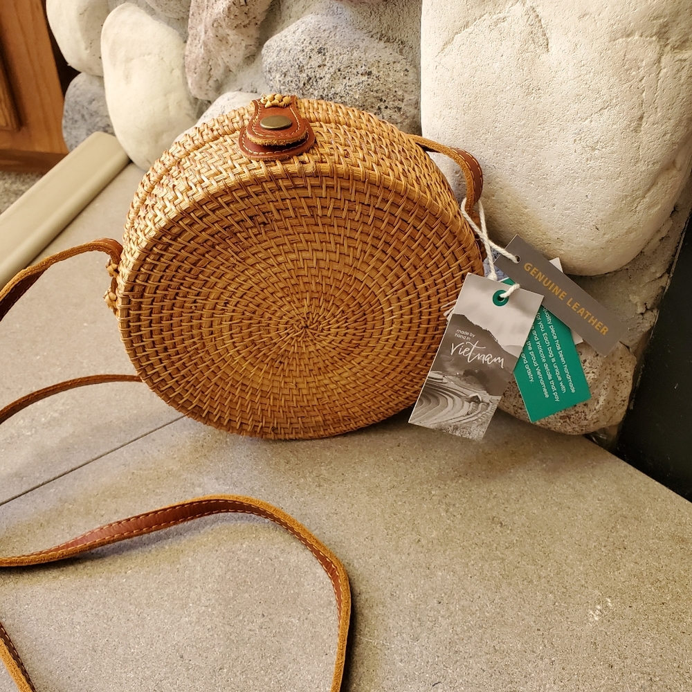 Hand-woven Round Rattan Bag with genuine leather strap